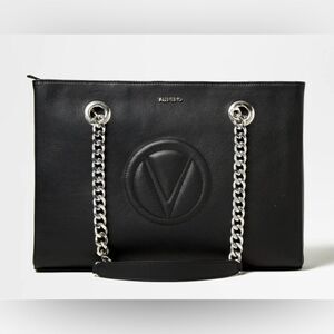 Valentino Floralie Black Leather Shoulder Bag with Chain Strap